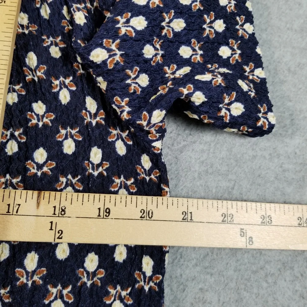 LOFT Blouse Women M Medium Blue Floral Seersucker Puff Sleeve Casual Top Cottage